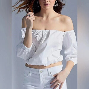 7 For All Mankind White Puff sleeve Off-shoulder‎ Top Size S